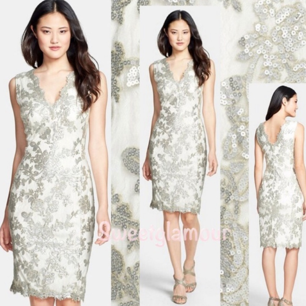 Tadashi Shoji Silver Cream Sequin Formal Gown Size 14